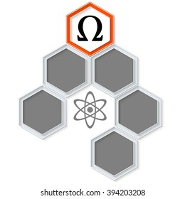 Six colored hexagons for your text and omega symbol