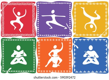 Six colored icons with human figures in different poses / Set of icons on the theme of yoga, gymnastics and a healthy lifestyle