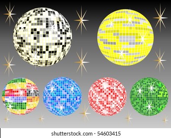 six colored mirror balls with black background