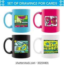 Six colored mugs  with  abstract summer drawings. To see similar, please VISIT MY PORTFOLIO

