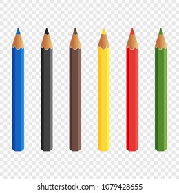 Six colored pencils isolated on transparent background. Pencils draw. Baby colorful colored pencils. Vector illustration.