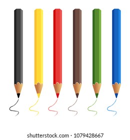 Six colored pencils isolated on white background. Pencils draw. Baby colorful colored pencils. Vector illustration.