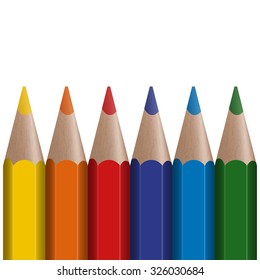 six colored pens in a row with white background
