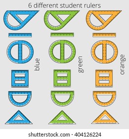 Six colored student rulers and measuring instruments of angles