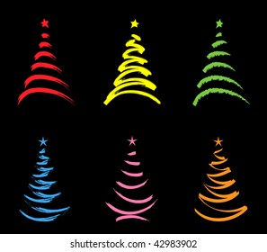 six colored  stylized  christmas trees isolated  on black background