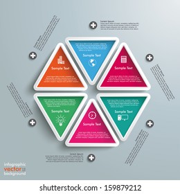 Six colored triangles on the grey background. Eps 10 vector file.
