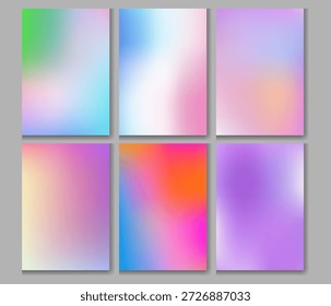 Seis coloridos fondos de gradiente abstractos muestran una mezcla de colores etéreos suaves en rectángulos de Vertical individuales adecuados para diversas aplicaciones de medios digitales estéticos y necesidades de diseño visual contemporáneo.