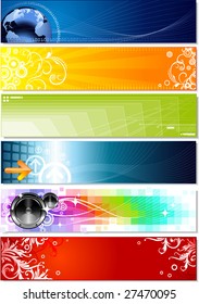 six colorful banners on different topics