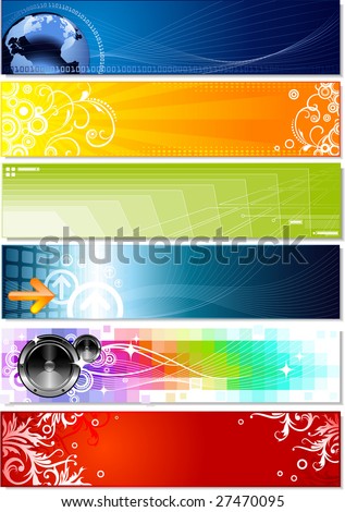 six colorful banners on different topics