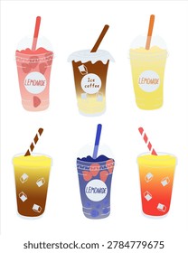 Six colorful beverage illustrations featuring lemonade, iced coffee, and various flavors in transparent cups with straws and ice cubes on a white background