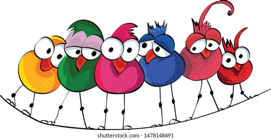 Six colorful birds sit on cable with vector illustration