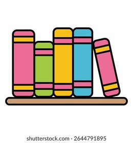 Six colorful books sit on a tan shelf Pink yellow green blue and tan colors are prominent The style is simple and cartoonish