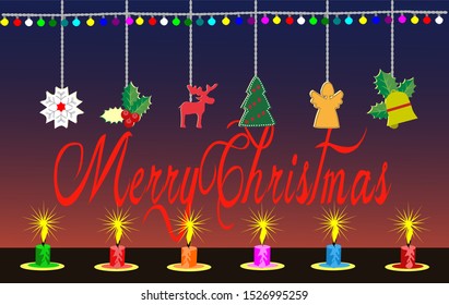 Six colorful candles set on fire ,Christmas decorations hanging on top With red and black lights in the background
