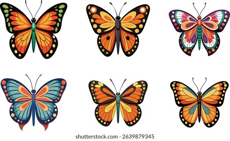 Six Colorful Cartoon Butterfly Illustrations with Unique Patterns