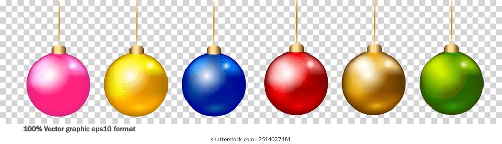 Six colorful Christmas ornaments, each a different color, hanging in a row on a transparent background. Concept of festive decoration. Vector illustration