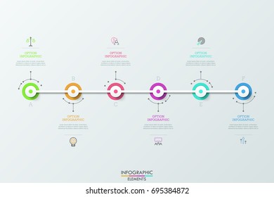 Seis círculos coloridos conectados por franja horizontal blanca, símbolos de línea delgada y cuadros de texto. Concepto de 6 etapas de desarrollo progresivo. Plantilla de diseño gráfico creativo. Ilustración vectorial.