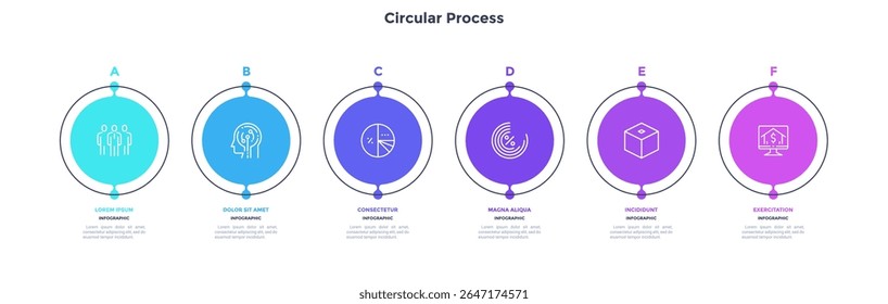 Six colorful circular elements with linear frames placed in horizontal row. Concept of 6 successive steps of business strategy. Simple infographic design template. Flat vector illustration.