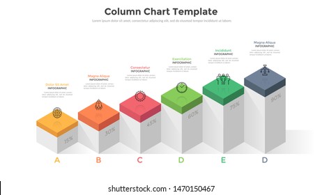 Seis columnas coloridas con indicación porcentual. Concepto de 6 etapas o niveles de desarrollo empresarial. Plantilla moderna de diseño gráfico. Ilustración vectorial volumétrica para presentación, informe.