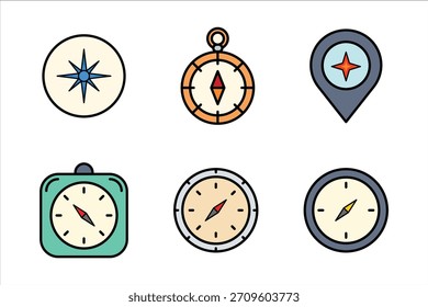 Seis iconos coloridos de la brújula conjunto de Ilustración vectorial aislado sobre fondo blanco