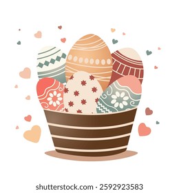 six colorful easter eggs in big brown bowl with gradien effect. vector easter with group of six colorful eggs. vector illustration for spring, holiday designs, invitations. Easter digital art