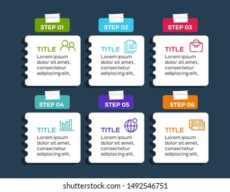 Six colorful elements with icons and place for text. Infographic design template. Vector illustration