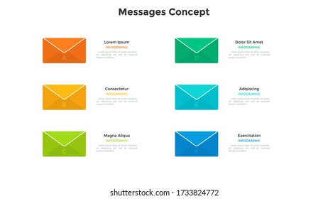 Six colorful envelopes. Concept of 6 features of email messages, incoming and outgoing mail, letters to send. Simple infographic design template. Modern flat vector illustration for presentation.