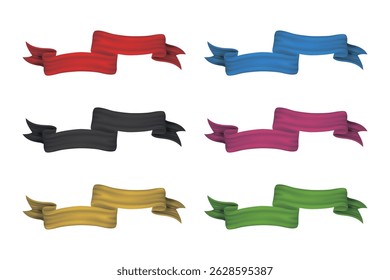 Six colorful flat ribbons with cartoon style, ideal for tags, web graphics, banners, or product labels.