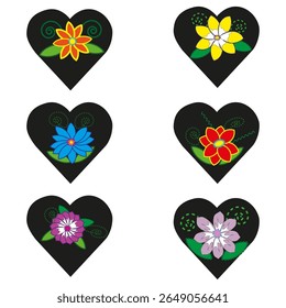 Six colorful flower icons. Black heart backgrounds. Bright floral designs. Decorative spiral patterns.