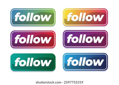Six colorful follow buttons for social media. Perfect for website or app design. Gradient Graphic