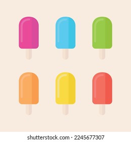 Six colorful frozen popsicle ice creams with wooden sticks.