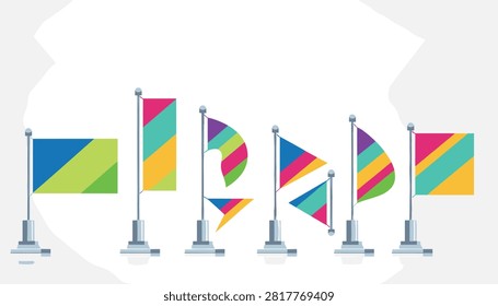 Six colorful geometric flags of various shapes stand on silver poles against a soft off-white background.