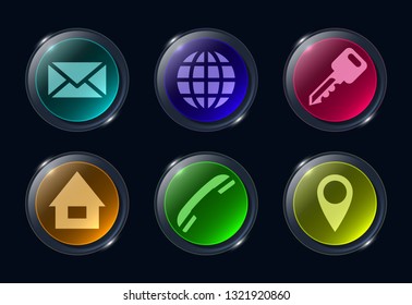 Six colorful glass buttons ui icon. Glossy application icon for dark backgrounds logo vector - Vector graphics.