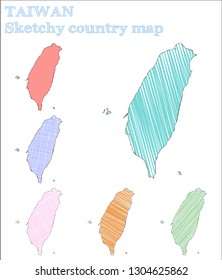 Six colorful, hand-drawn maps of Taiwan. Childish style. Perfect for posters or educational use.