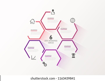 Six colorful hexagon vector progress steps illustration with icons and place for your company information. It can be used for presentation, web design, quotes, survey, banner, study.