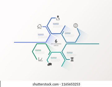 Six colorful hexagon vector progress steps illustration with icons and place for your company information. It can be used for presentation, web design, quotes, survey, banner, study.