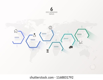 Six colorful hexagon vector progress steps illustration with icons and place for your company information. It can be used for presentation, web design, quotes, survey, banner, study.
