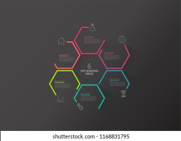 Six colorful hexagon vector progress steps illustration with icons and place for your company information. It can be used for presentation, web design, quotes, survey, banner, study. Dark version