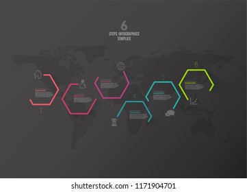 Six colorful hexagon vector progress steps illustration with icons and place for your company information. It can be used for presentation, web design, quotes, survey, banner, study.