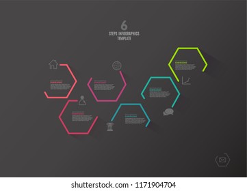 Six colorful hexagon vector progress steps illustration with icons and place for your company information. It can be used for presentation, web design, quotes, survey, banner, study. Dark version