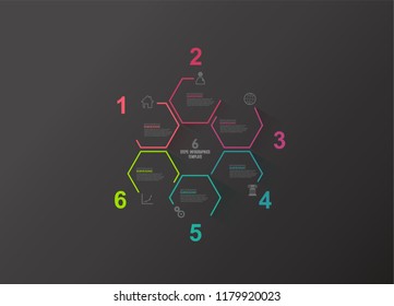 Six colorful hexagon vector progress steps illustration with icons and place for your company information. It can be used for presentation, web design, quotes, survey, banner, study. Dark version