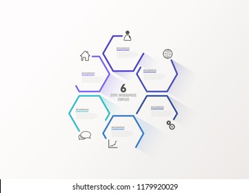 Six colorful hexagon vector progress steps illustration with icons and place for your company information. It can be used for presentation, web design, quotes, survey, banner, study.
