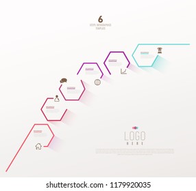 Six colorful hexagon vector progress steps illustration with icons and place for your company information. It can be used for presentation, web design, quotes, survey, banner, study.