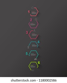 Six colorful hexagon vector progress steps illustration with icons and place for your company information. It can be used for presentation, web design, quotes, survey, banner, study. Dark version