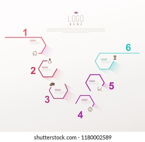 Six colorful hexagon vector progress steps illustration with icons and place for your company information. It can be used for presentation, web design, quotes, survey, banner, study.