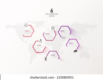 Six colorful hexagon vector progress steps illustration with icons and place for your company information. It can be used for presentation, web design, quotes, survey, banner, study.