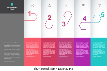 Six colorful hexagon vector progress steps illustration with icons and place for your company information. It can be used for presentation, web design, quotes, survey, banner, study.