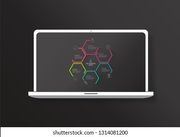 Six colorful hexagon vector progress steps illustration with icons and place for your company information shown on laptop screen.