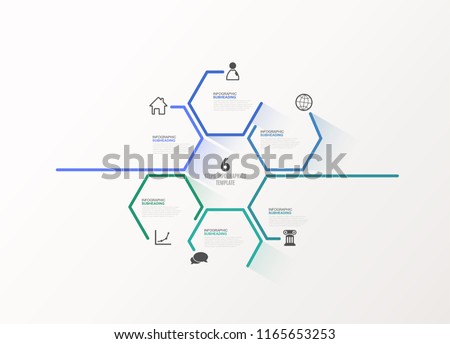 Six colorful hexagon vector progress steps illustration with icons and place for your company information. It can be used for presentation, web design, quotes, survey, banner, study.