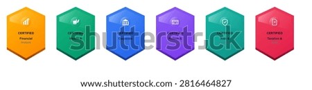 Six colorful hexagonal financial certification icons arranged horizontally for professional business education