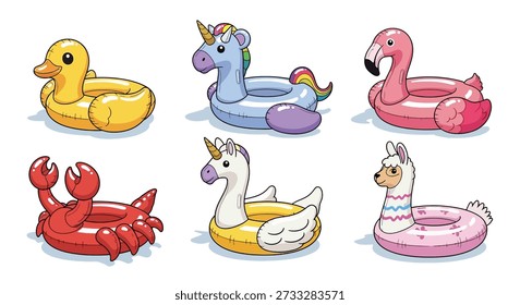 Six colorful inflatable pool floats shaped like a duck, unicorn, flamingo, crab, another unicorn, and a llama.